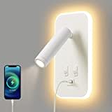 Apliques de pared de cabecera con cargador inalámbrico y puerto USB,  lámpara de pared enchufable para dormitorio, luz de lectura LED flexible de